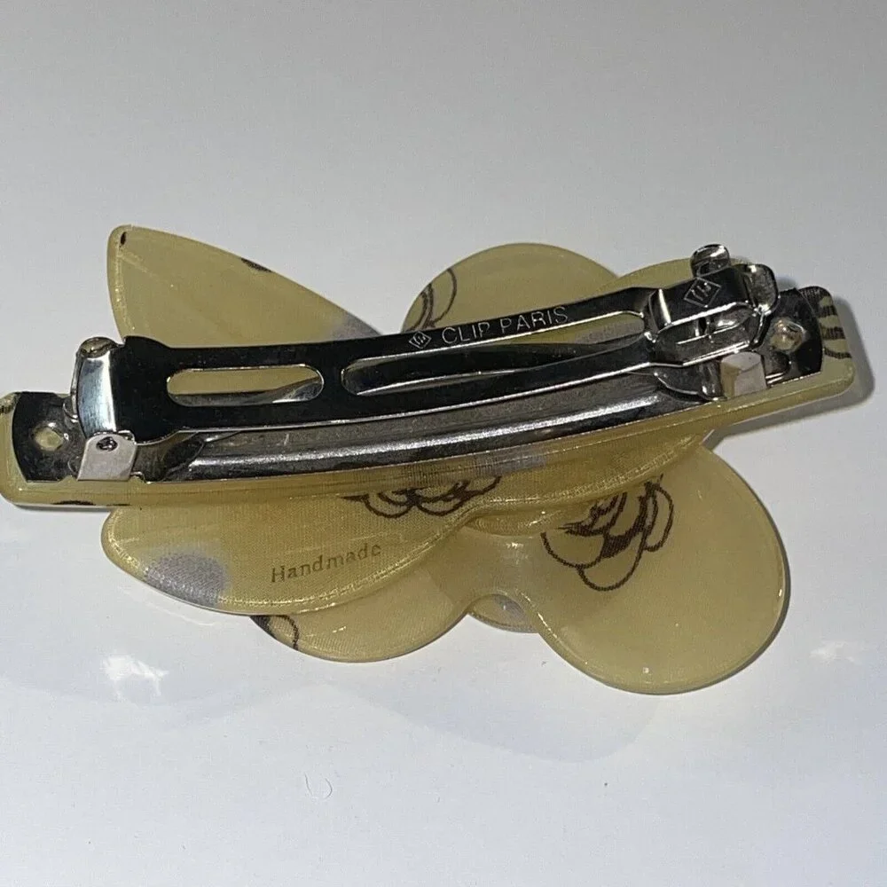 Hair Clip Barrette Handmade In Paris‎ France 3D Flower Cream & Black Vintage